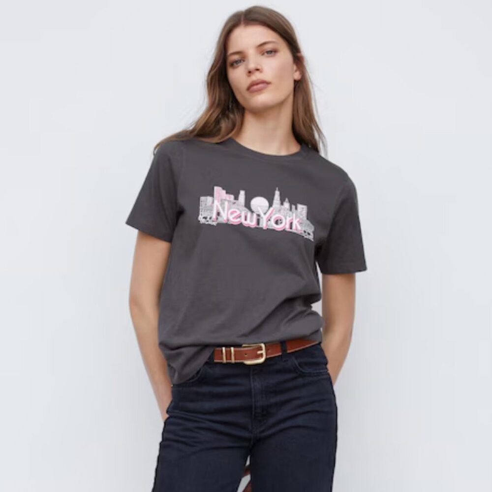 Mango New York Graphic Gray and Pink T-Shirt Top
